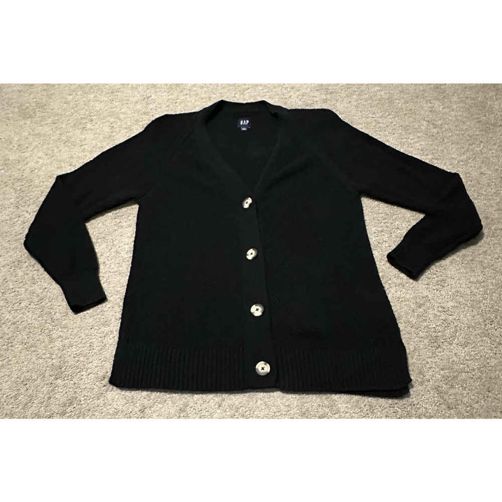 Gap Women Large Cardigan 100% Cotton Knit V-Neck Tortoise‎ Buttons Black